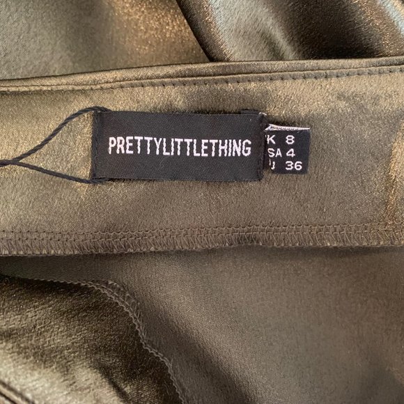 NWT PrettyLittleThing Khaiki Satin Ruched Side Split Leg Maxi Size 4 - Picture 11 of 14